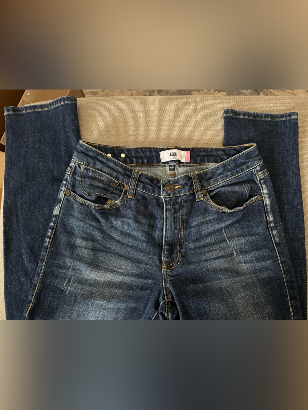 Cabi Womens Relaxed Jeans in Dark Blue with Contrast Stitching